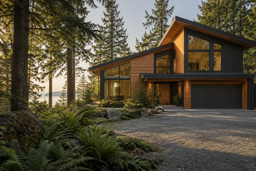 Generated architectural concept: a cedar home among evergreen trees