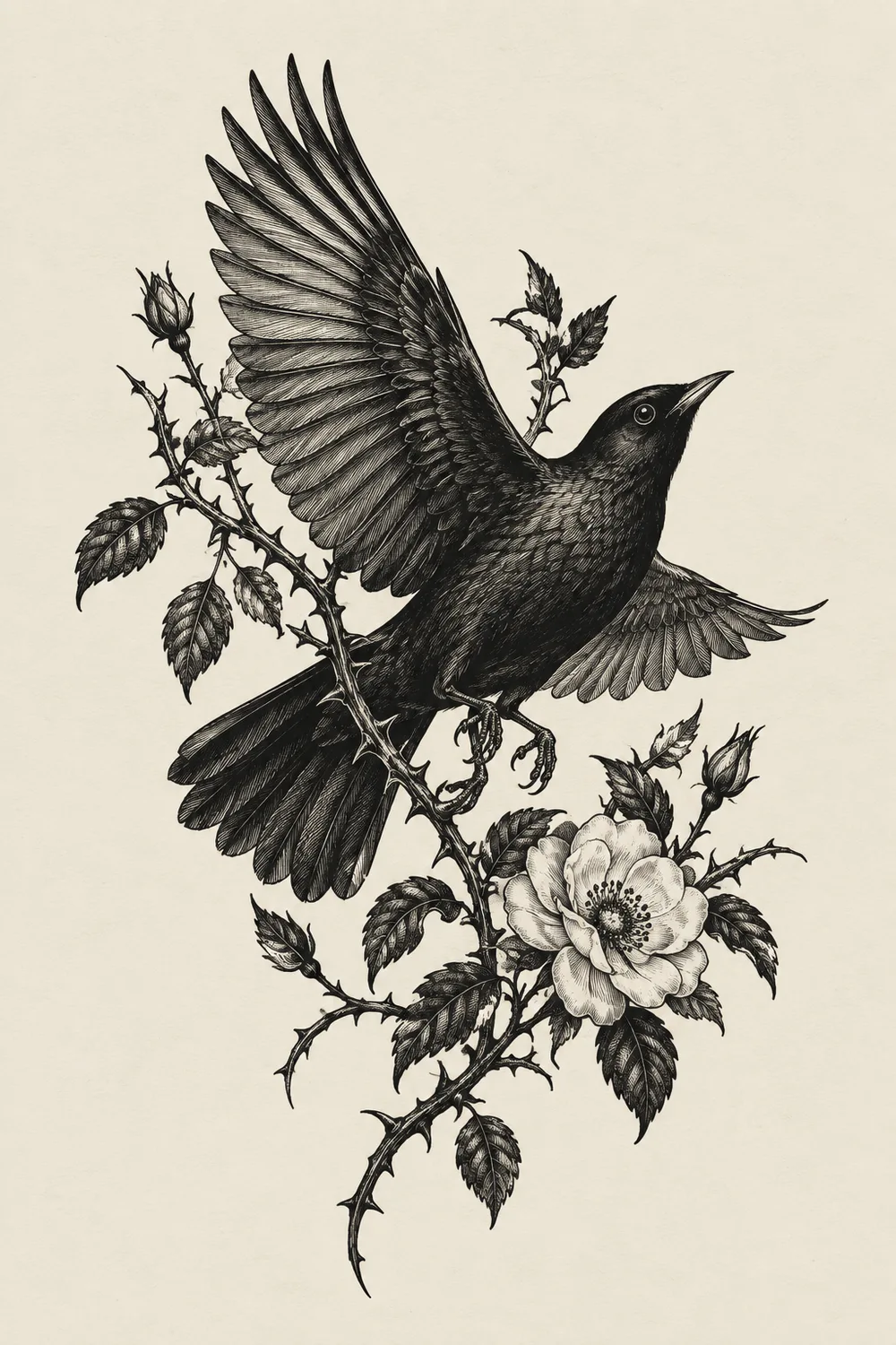 Original ink illustration of a blackbird in flight among wild roses