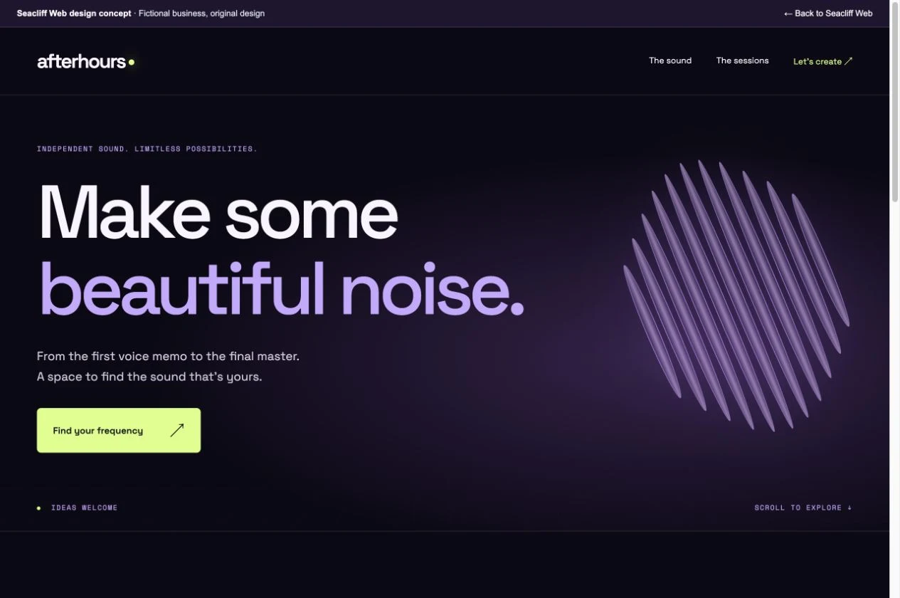 Desktop view of the Afterhours Studio concept website