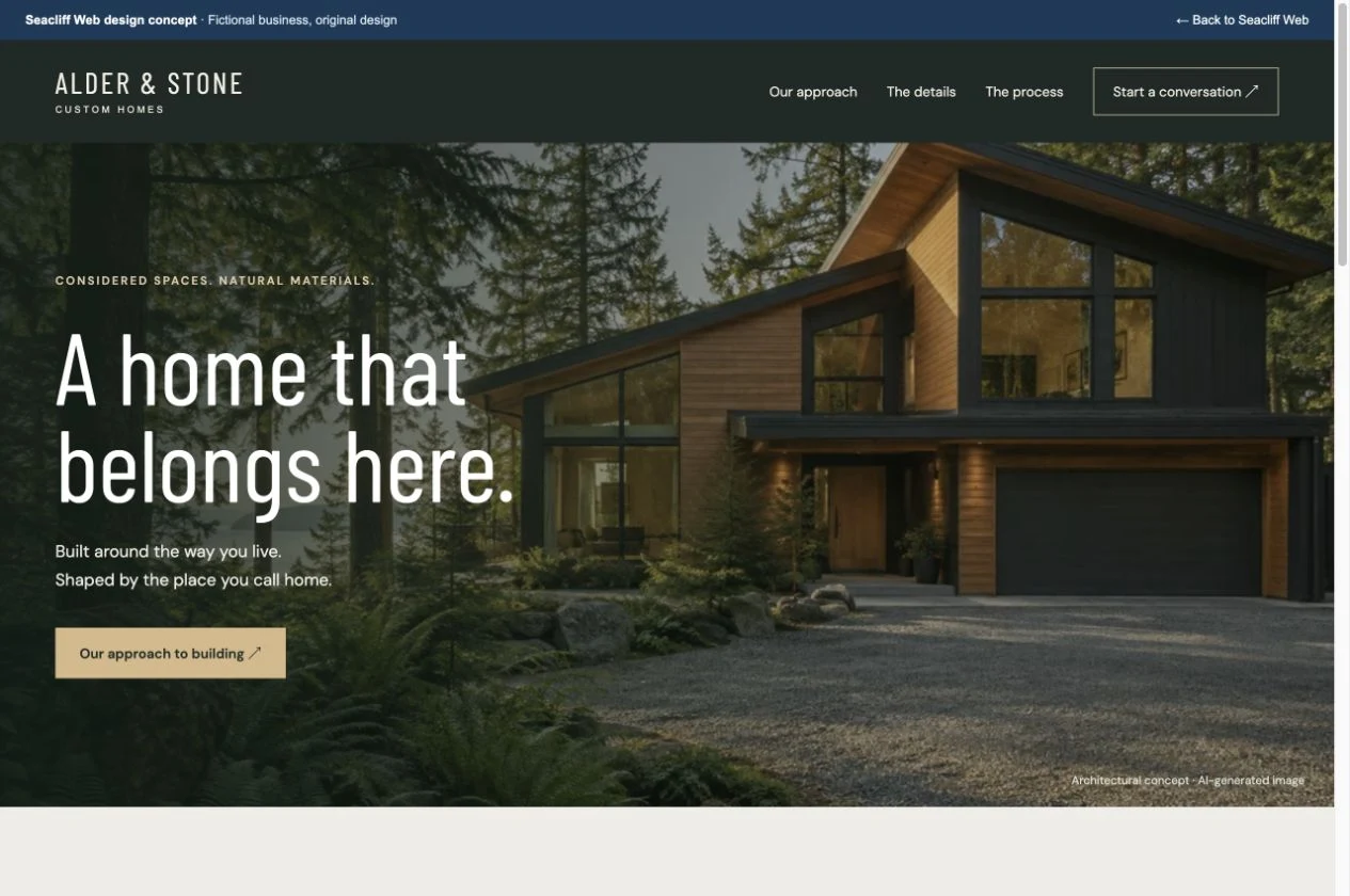 Desktop view of the Alder & Stone concept website
