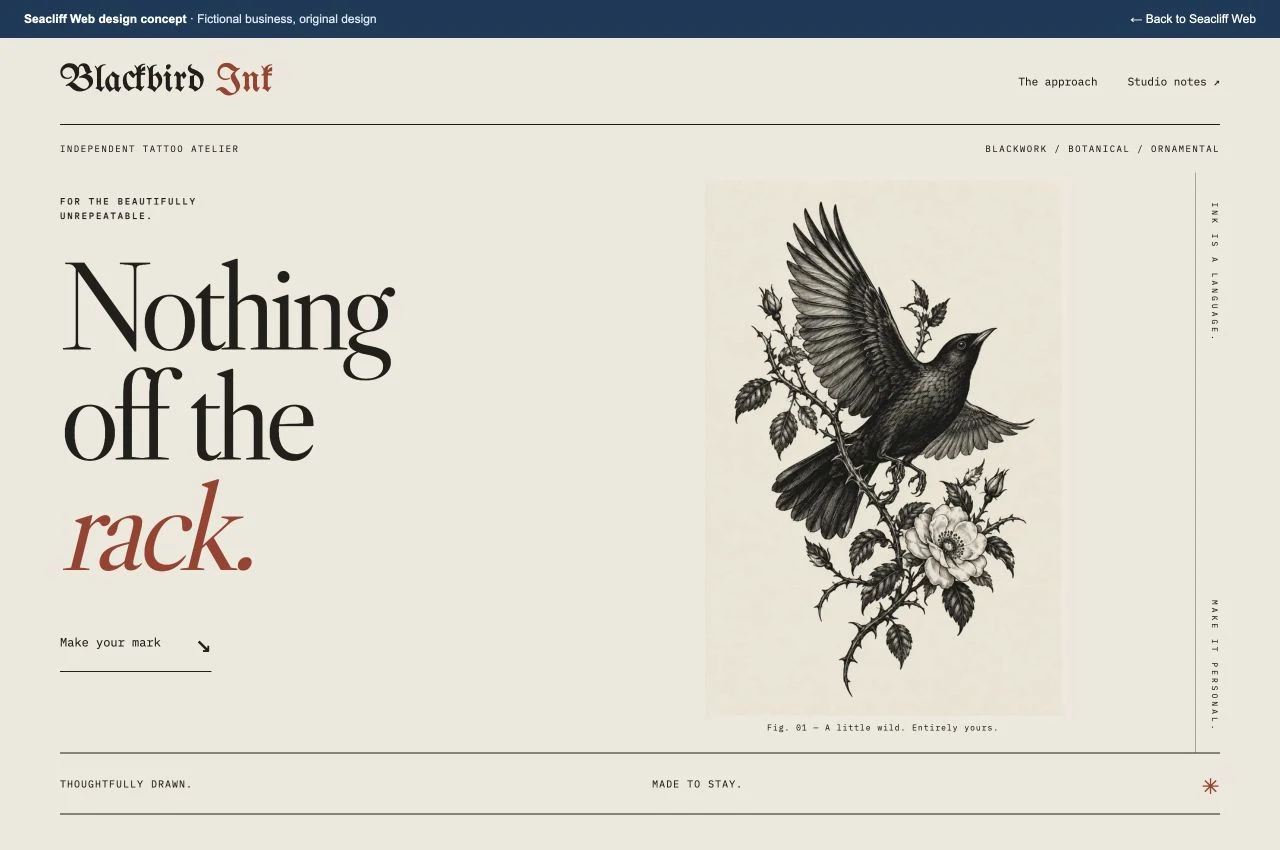 Desktop view of the Blackbird Ink concept website