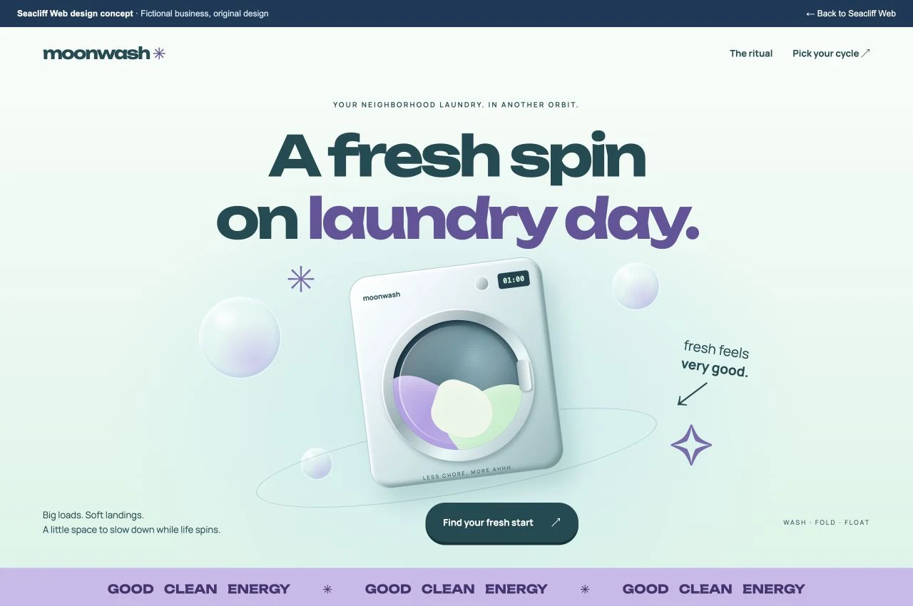 Desktop view of the Moonwash concept website