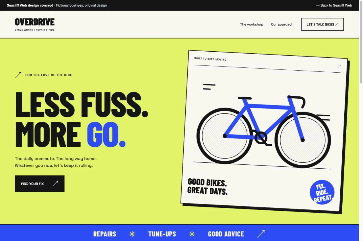 Desktop view of the Overdrive Cycle Works concept website