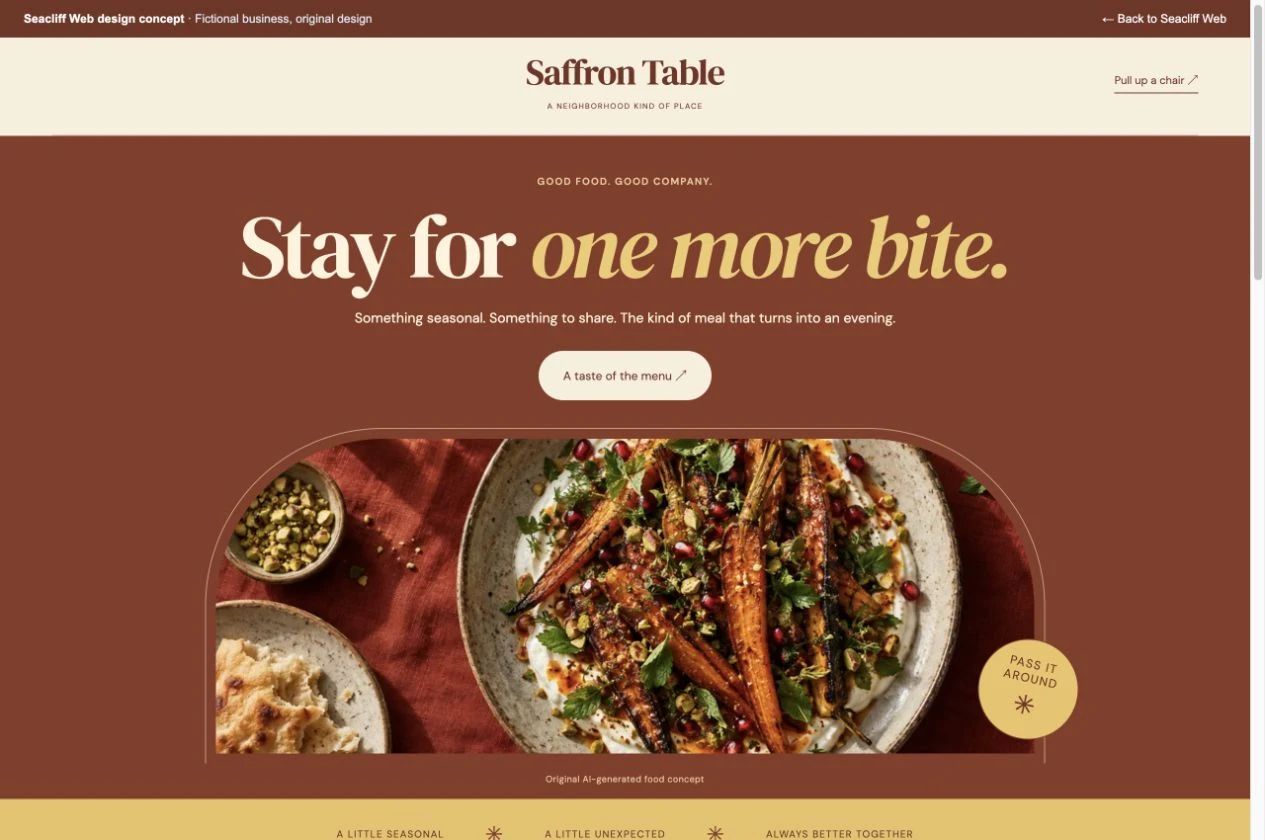 Desktop view of the Saffron Table concept website