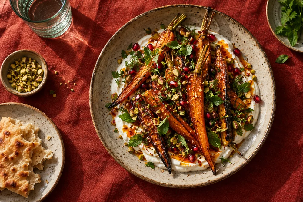 Generated food concept: roasted carrots with yogurt, herbs and pomegranate on red linen